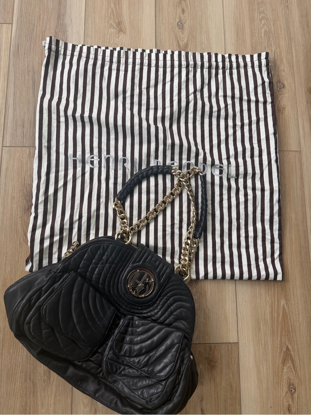 henri bendel Black Quilted Leather Shoulder Bag with Gold Hardware